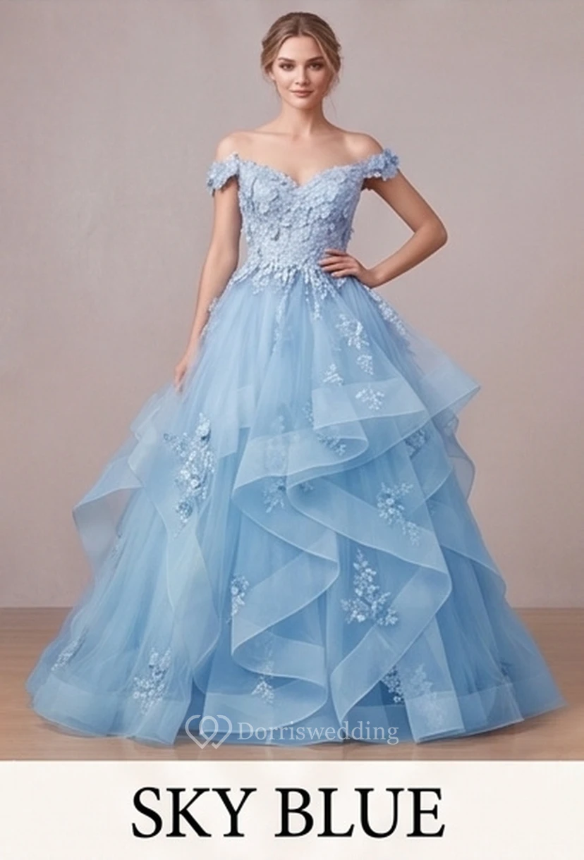 Robe de bal brodée bleu clair à épaules dénudées view 11
