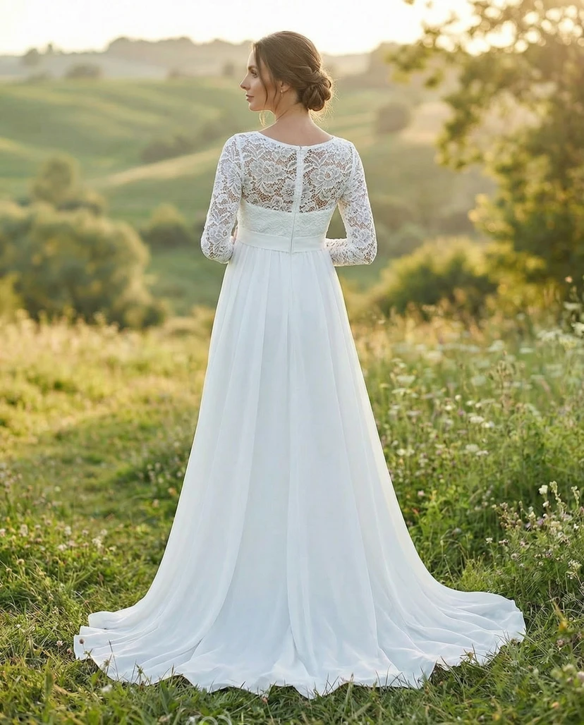 Vestido de novia premamá blanco de encaje de manga larga con escote redondo view 2