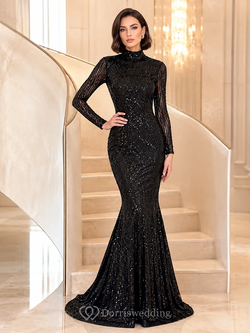 Black Sequined High-Neck Long-Sleeve Mermaid Formal Evening Gown