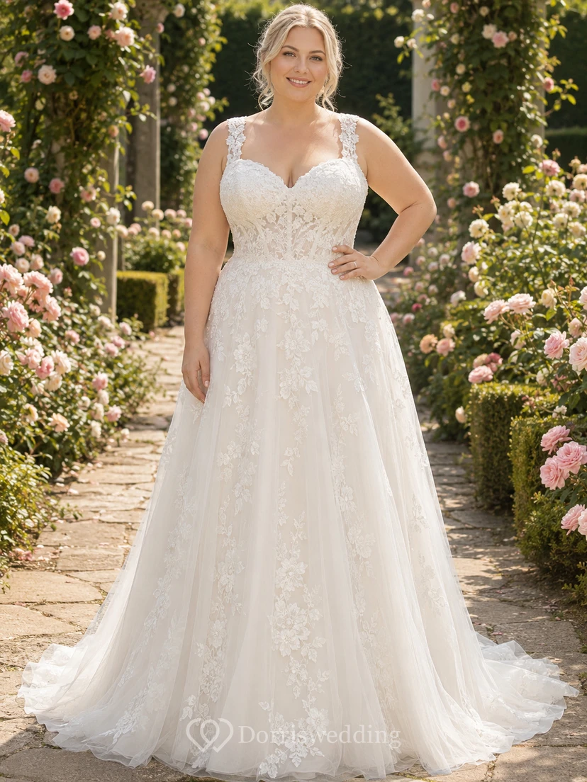 Brautkleid in A-Linie mit Spitze in Übergröße, V-Ausschnitt