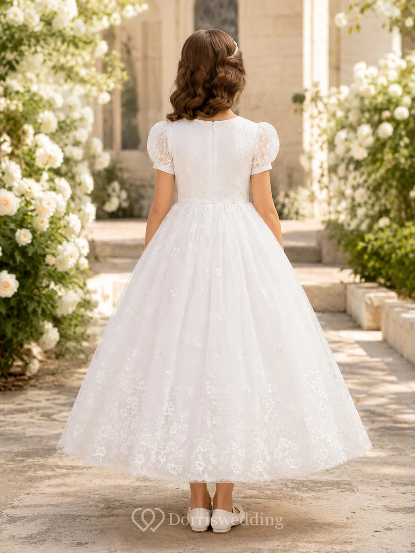 Teelanges Kommunionskleid aus Spitze und Tüll mit Puffärmeln, Blumenmädchenkleid für die Zeremonie view 2