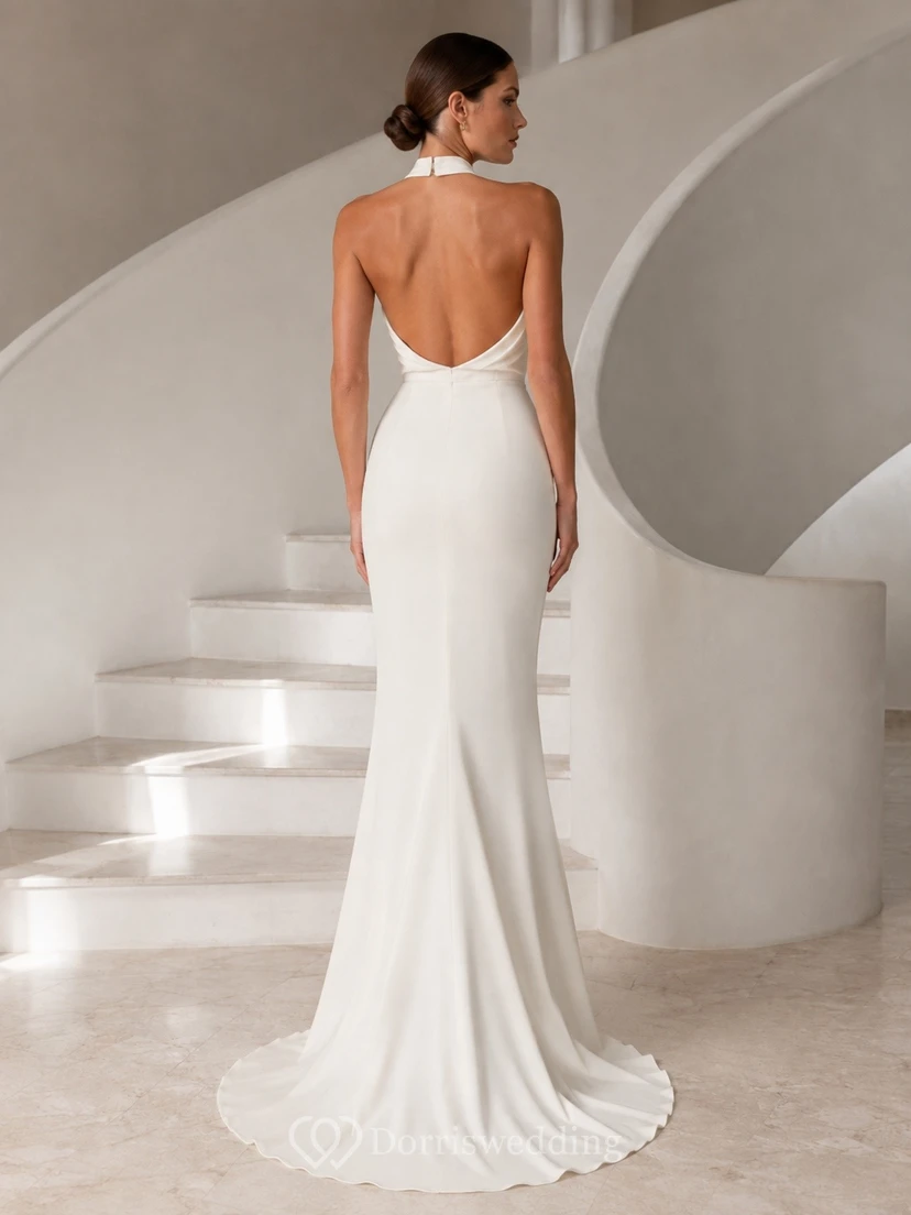 Vestido de fiesta blanco sensual de satén sin mangas con escote halter y cola de sirena view 2