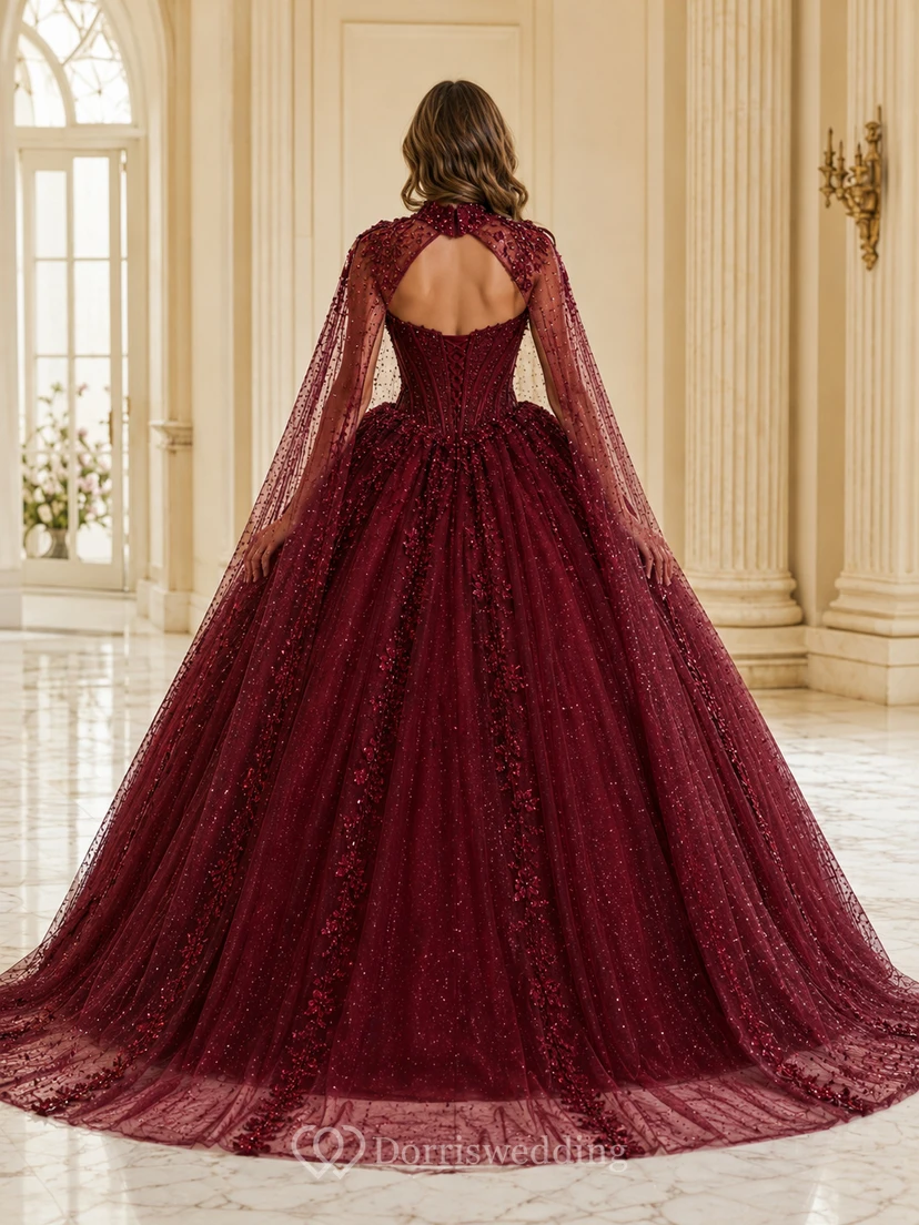 Burgundy Luxury Removable Crystal Cape High Neck Quinceanera Princess Ball Gown view 2