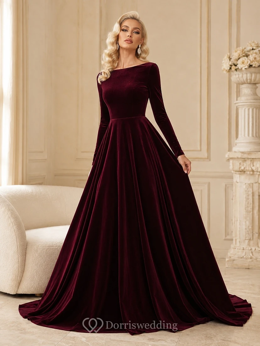 Burgundy Velvet High-Neck Long-Sleeve Ball Gown Formal Dress