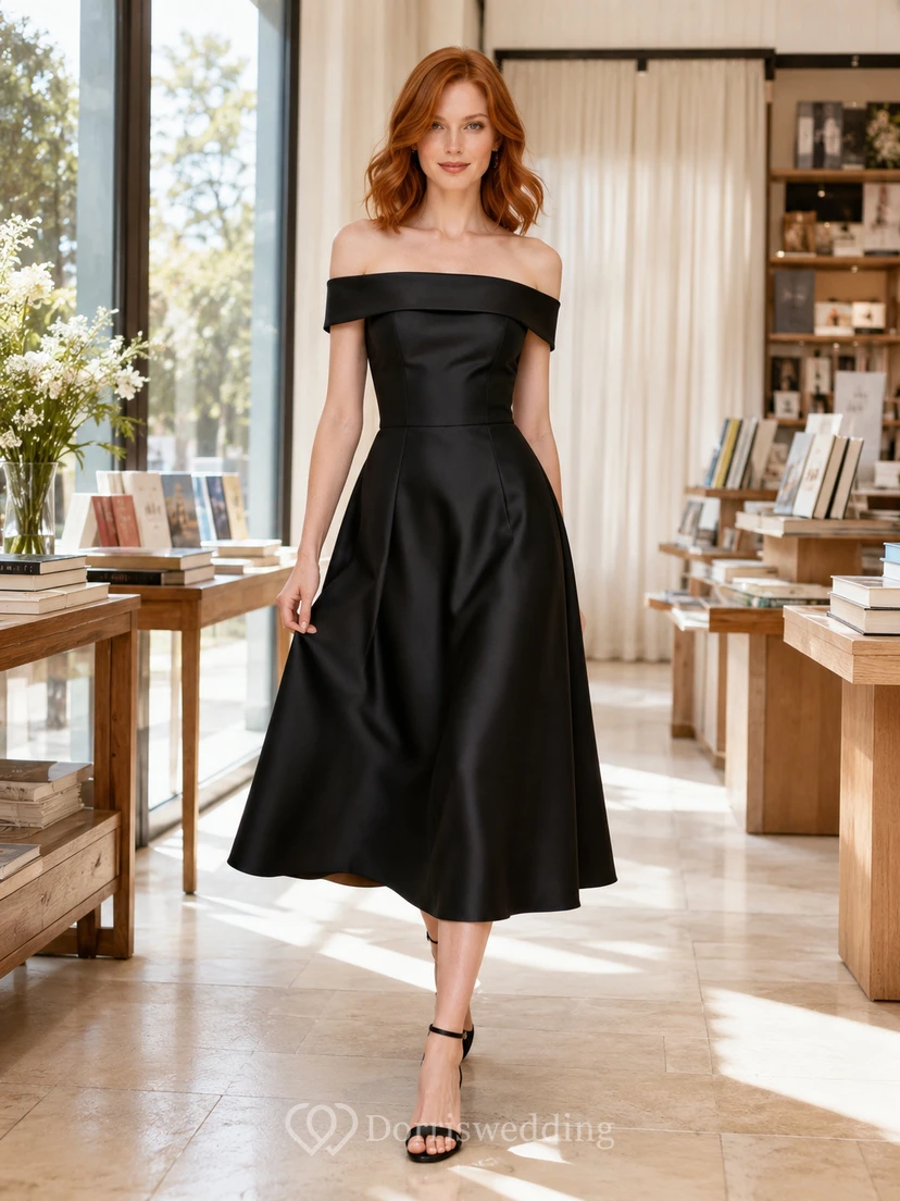Black off shoulder satin A-line minimalist midi dress