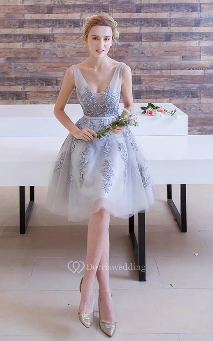 A-Line Appliques Beading Short Prom Dress view 3