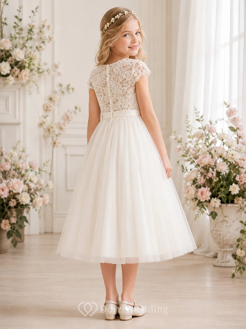 Romantic Crochet Lace Cap Sleeve Tulle Flower Girl Tea-Length Garden Dress view 2