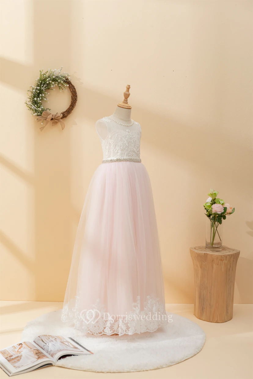 Angel Lace Scoop-neck Sleeveless Tulle Beaded Applique Flowergirl Dress view 3