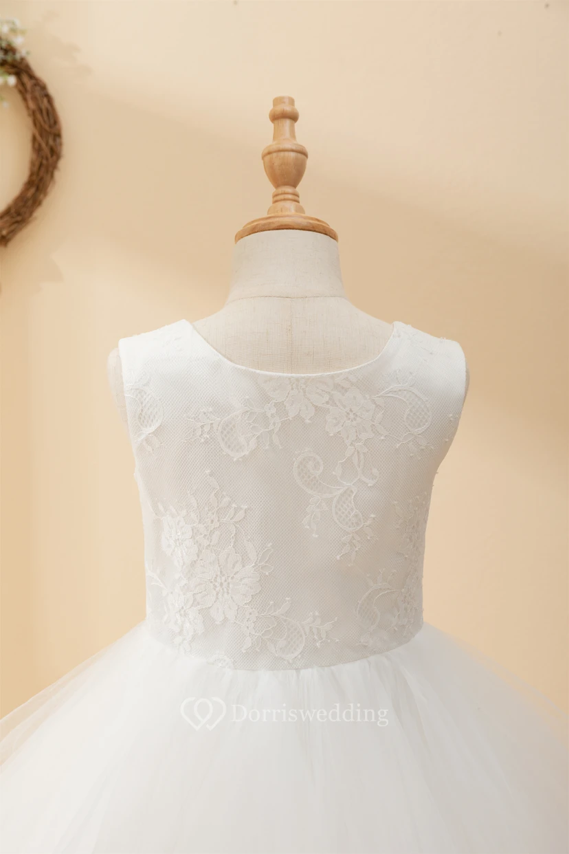 Short Ruffled Sleeveless Layered Plunged Tulle Flowergirl Dress view 8