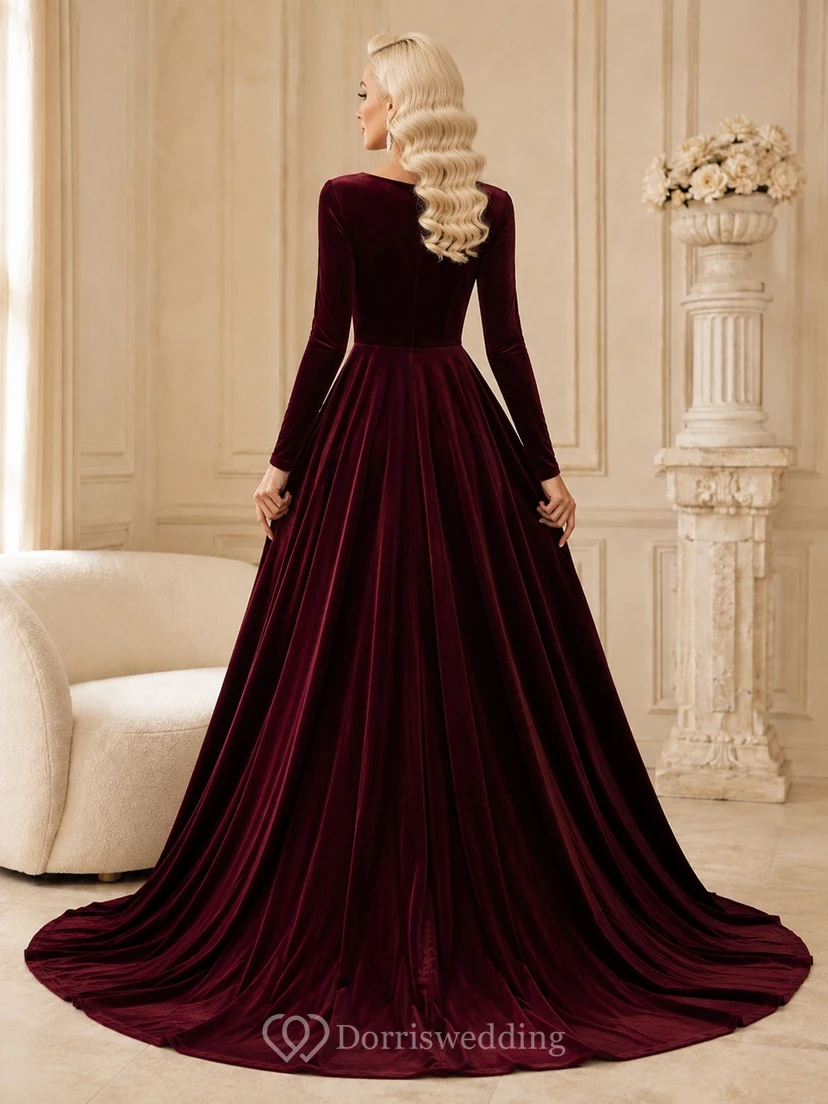 Burgundy Velvet High-Neck Long-Sleeve Ball Gown Formal Dress view 2