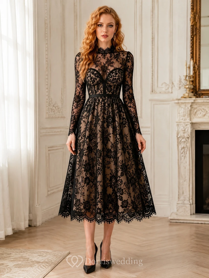 Robe vintage noire à col montant et manches longues en dentelle florale, longueur thé
