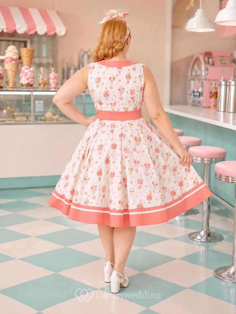 Vestido vintage hasta la rodilla con escote en V y mangas abullonadas, estampado floral rosa view 2