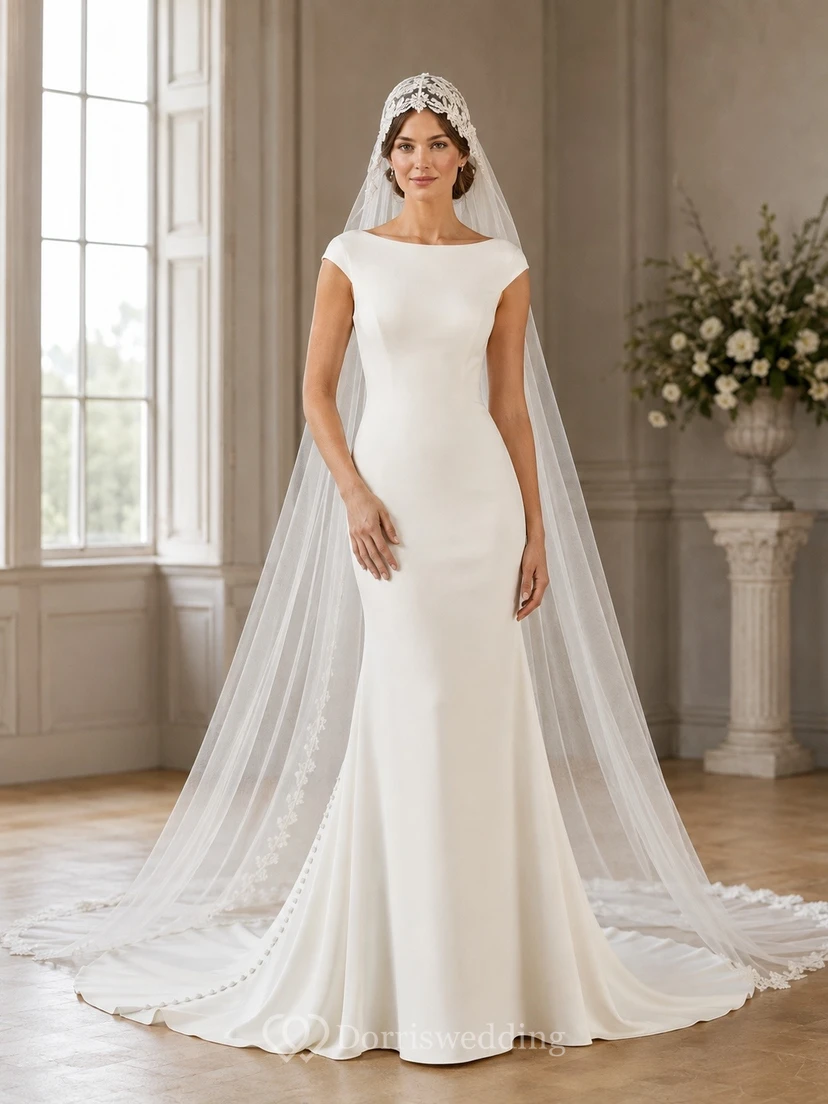 Vestido de novia clásico de corte recto con cola de manga corta para ceremonia