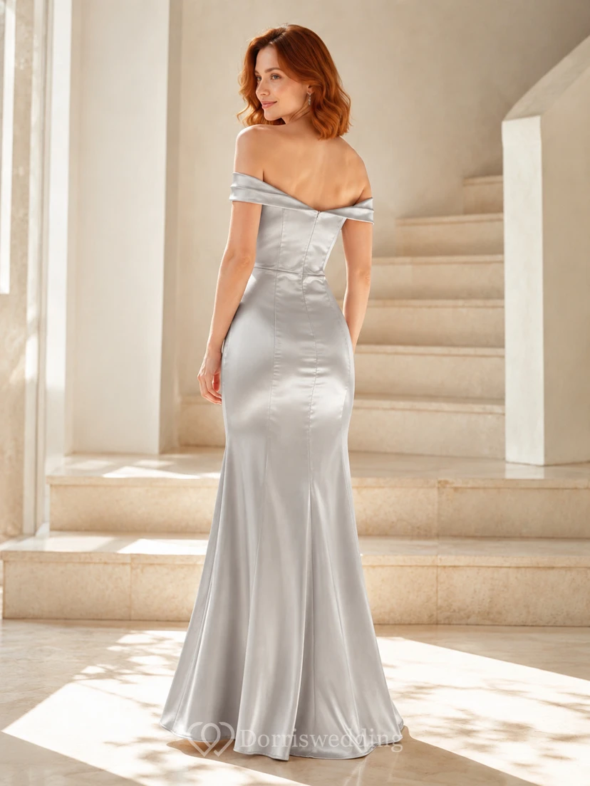Silver Satin Off Shoulder Mermaid Petite Prom Gown With Drape view 2