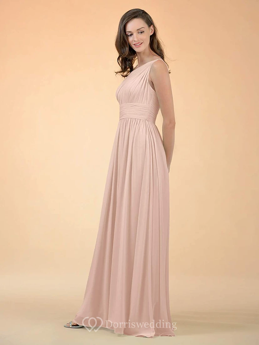 Simple One-shoulder A Line Sleeveless Floor-length Chiffon Bridesmaid Dress With Ruching view 11