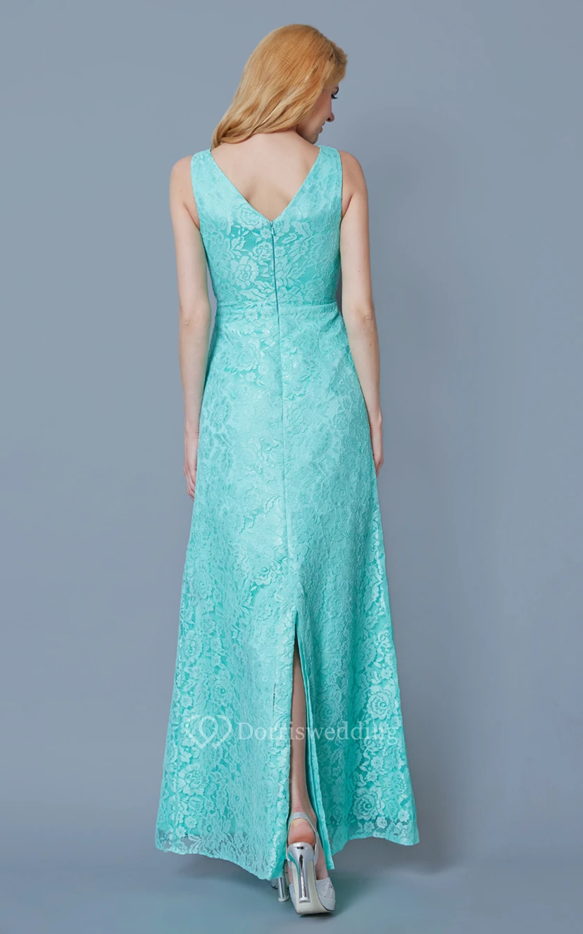 Form Fitted Sleeveless Long Lace Dress With Ruching view 4