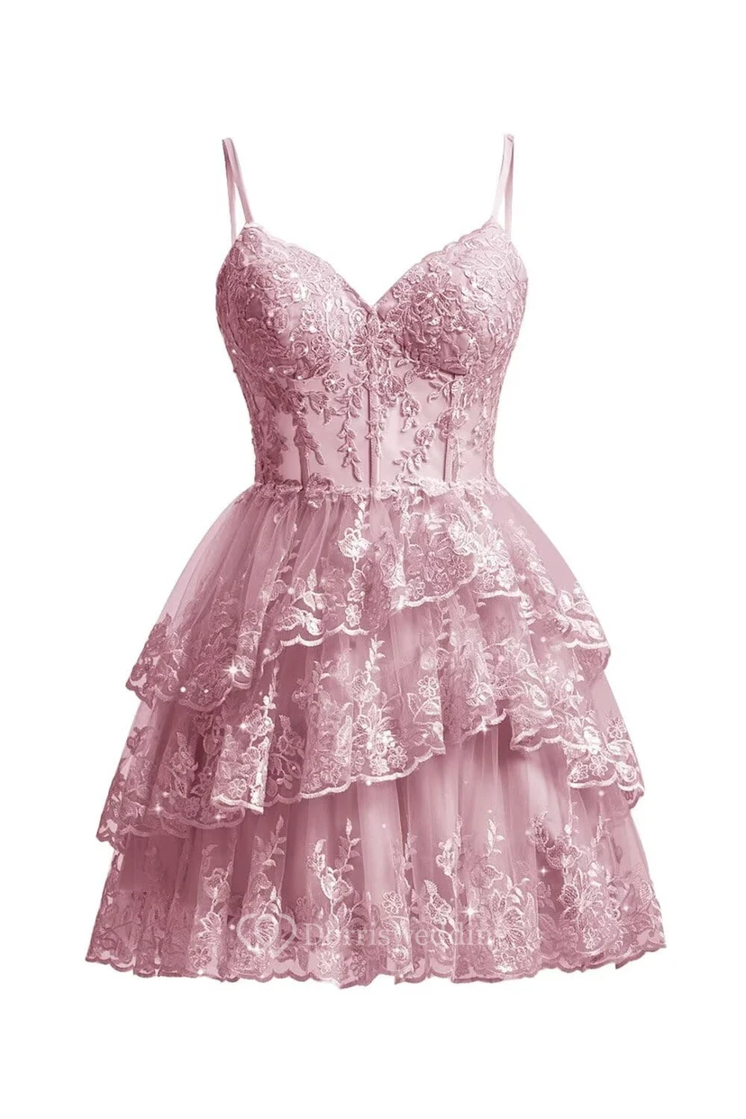 Robe de cocktail en dentelle violette à volants view 17