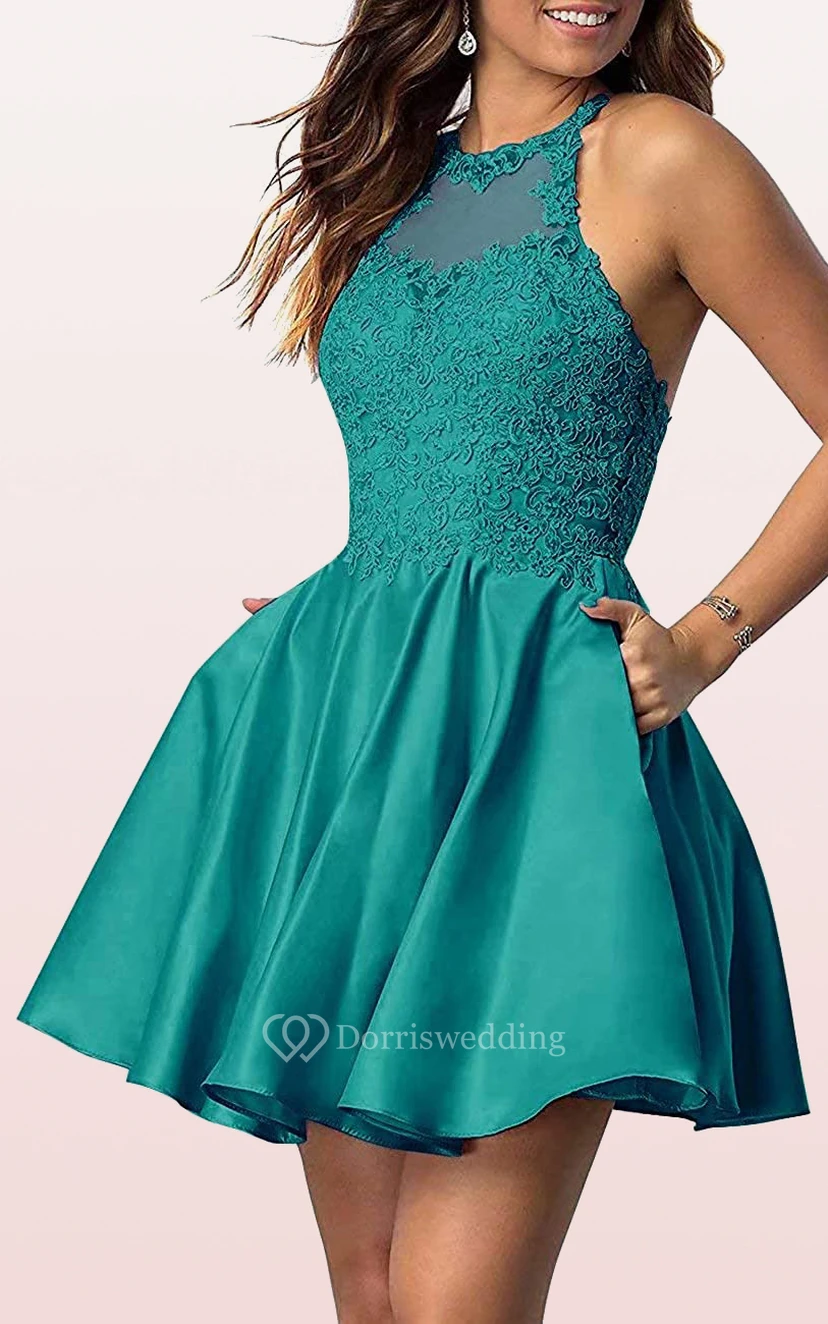 Satin Lace Mini A Line Sleeveless Adorable Homecoming Dress with Pleats view 5