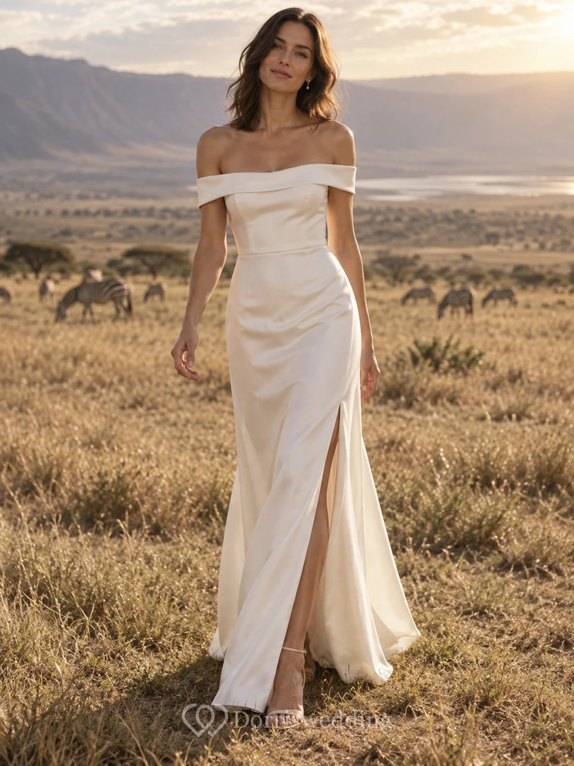 Vestido de novia sencillo de satén con escote de hombros descubiertos, corte recto, cintura drapeada y abertura lateral.