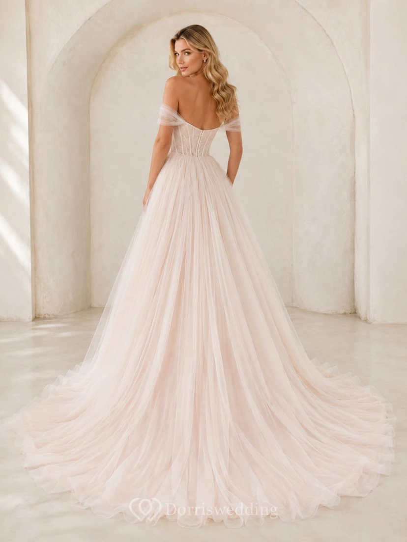 Blush Off-the-Shoulder Sleeveless Corset Tulle A-Line Sweep Train Prom Dress view 2