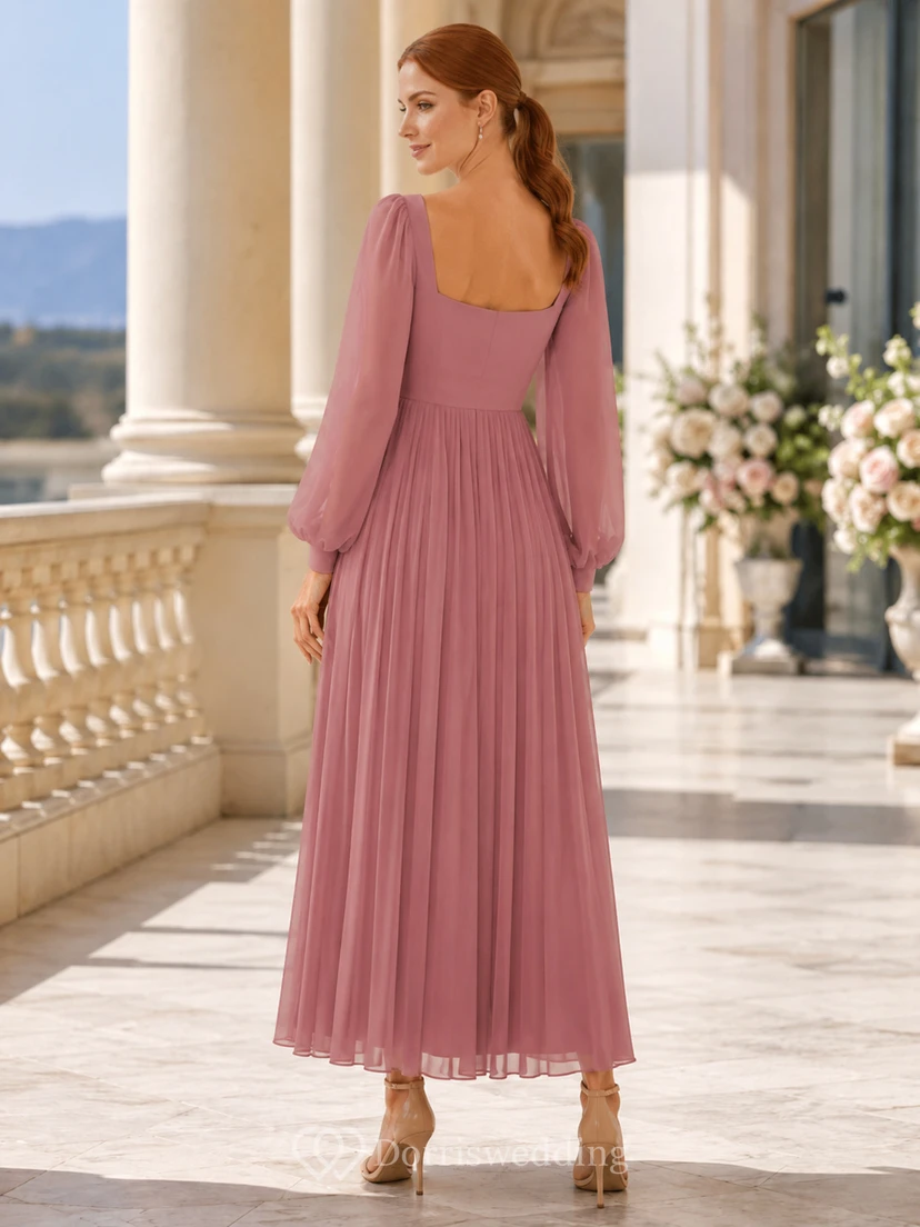 Dusty Rose Square Neck Poet Sleeve Pleated Guest Dress view 2
