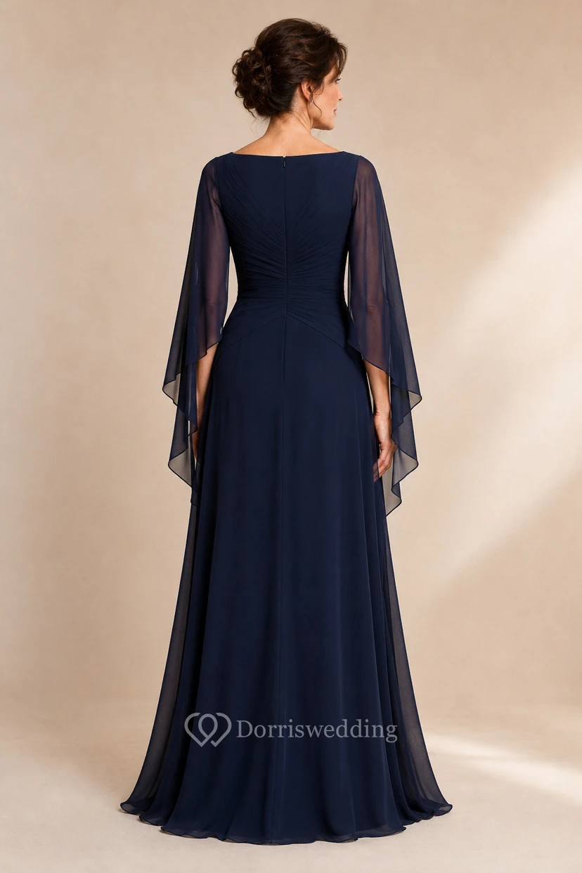 Dunkelblaues Chiffon-Kleid in A-Linie mit U-Boot-Ausschnitt und Cape-Ärmeln view 2