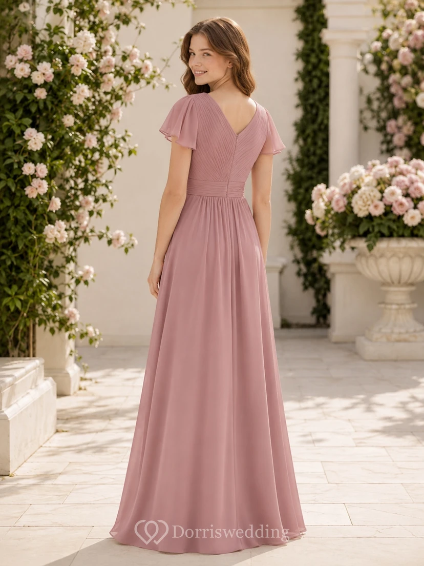 Brautjungfernkleid in Altrosa, A-Linie, V-Ausschnitt, kurze Blütenblattärmel, Chiffon, schlicht view 2