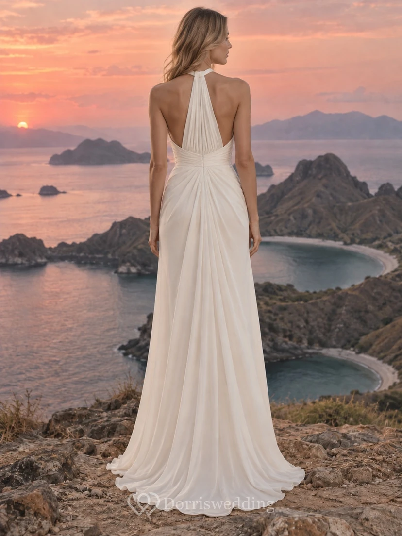 Einfaches Neckholder-Brautkleid mit hohem Kragen, Schlitz und A-Linien-Schnitt, gerafft view 2