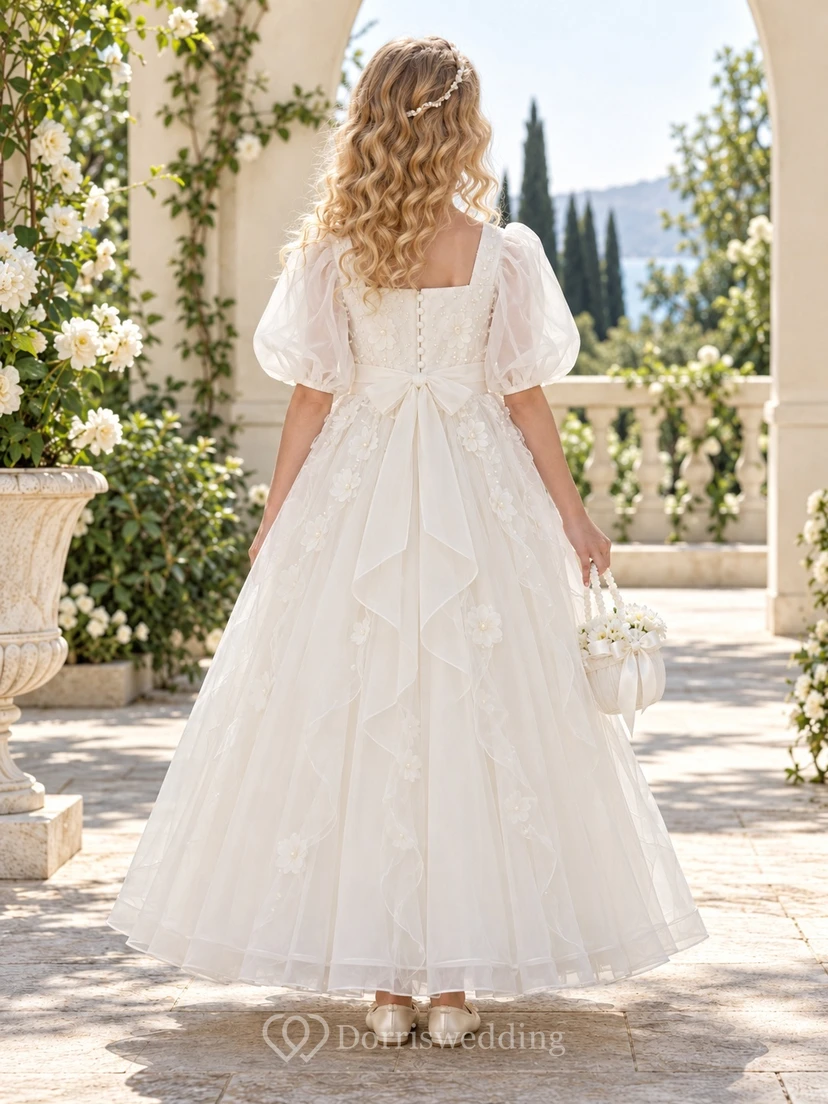Square Neck Ivory A-line Lace Tulle Ankle-length Puff-sleeve Bow-back Flower Girl Dress view 2