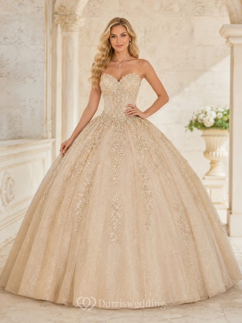 Champagne Luxury Strapless Sweetheart Crystal Beaded Glitter Tulle Princess Quinceanera Ball Gown