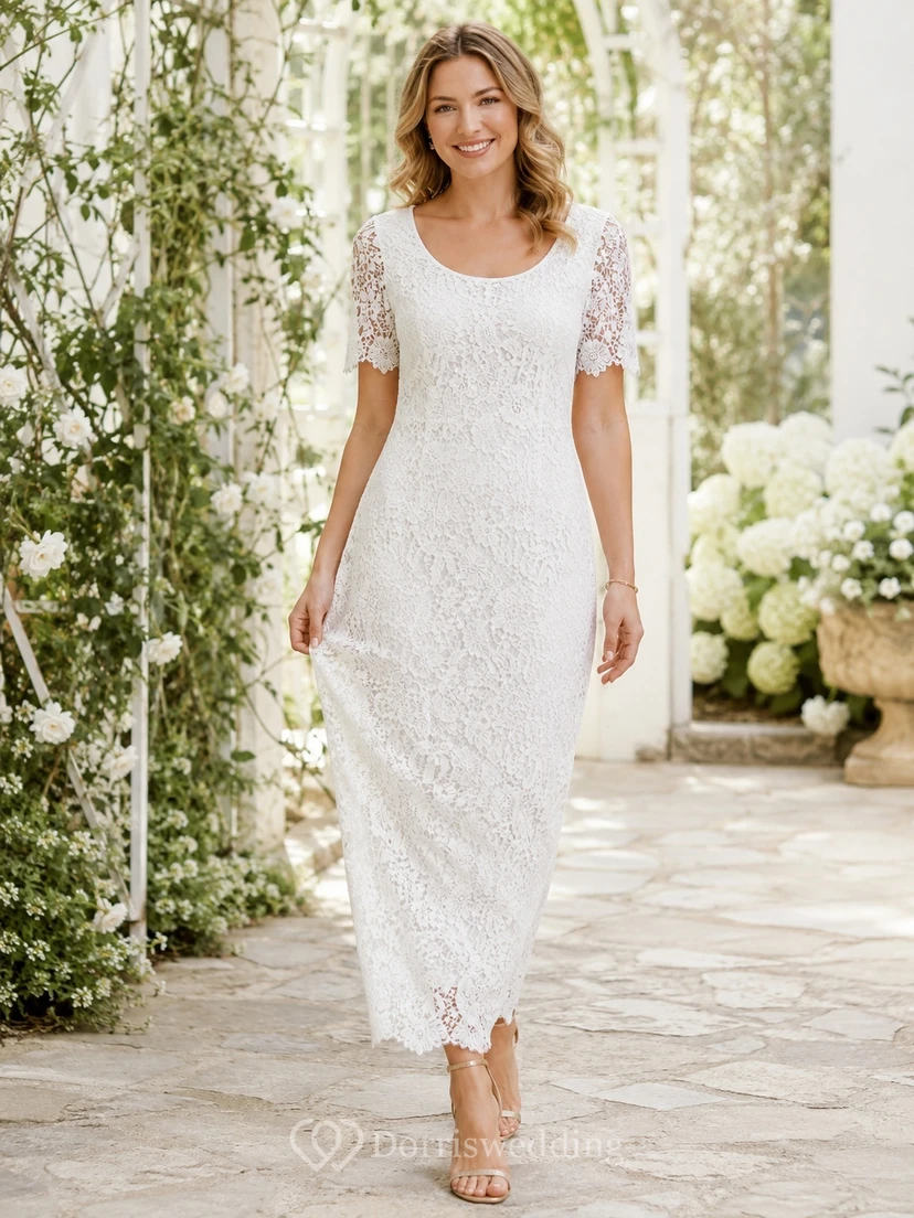 Robe de jardin blanche à col rond, manches courtes, fourreau en dentelle, longueur cheville