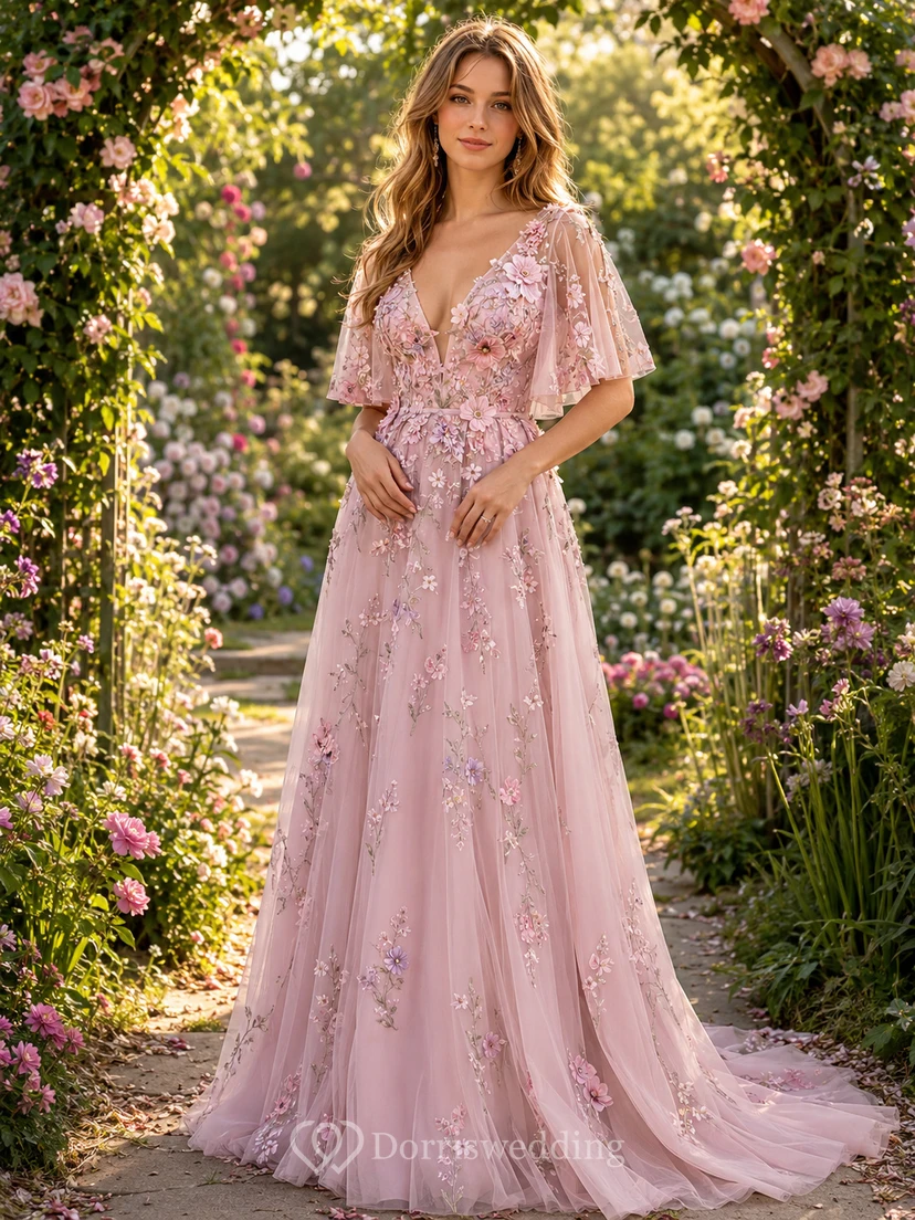 Blush V-Neck Flutter Sleeve 3D Floral Garden Bridal Gown