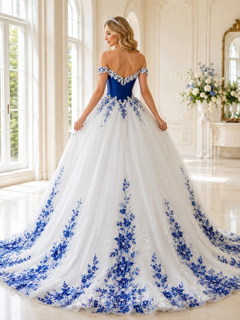 Königsblaues, botanisches Ballkleid mit herzförmigem Ausschnitt, Blütenblattärmeln und Tüll – romantisches Brautkleid für die Kapelle view 2