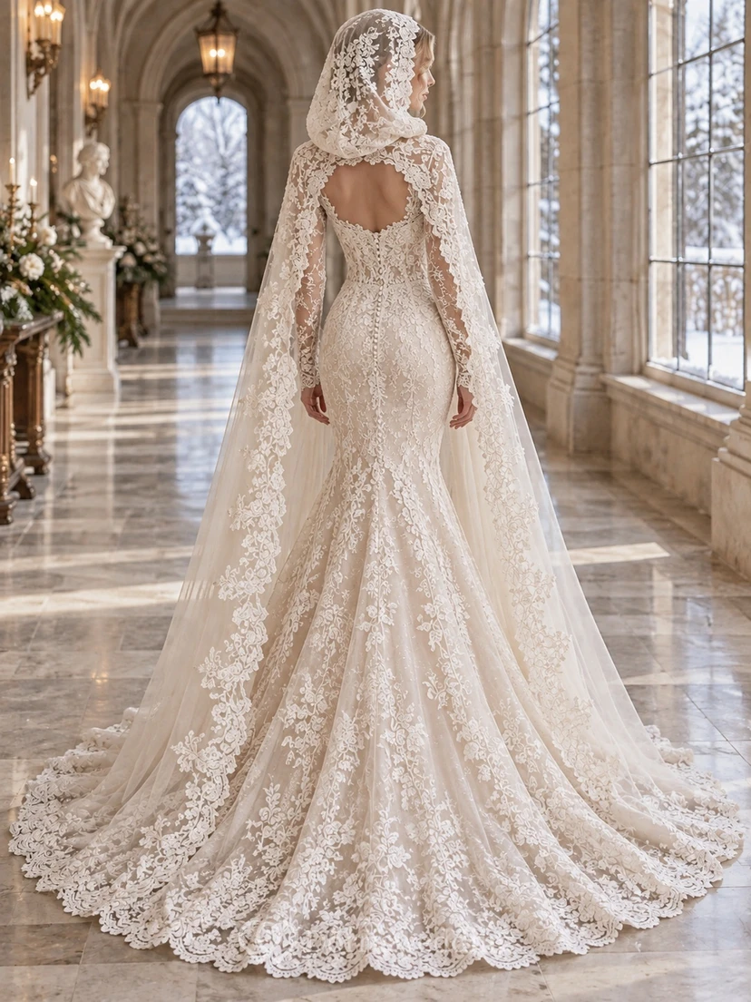 Vestido de invierno con capucha de encaje y escote corazón estilo sirena de manga larga view 2