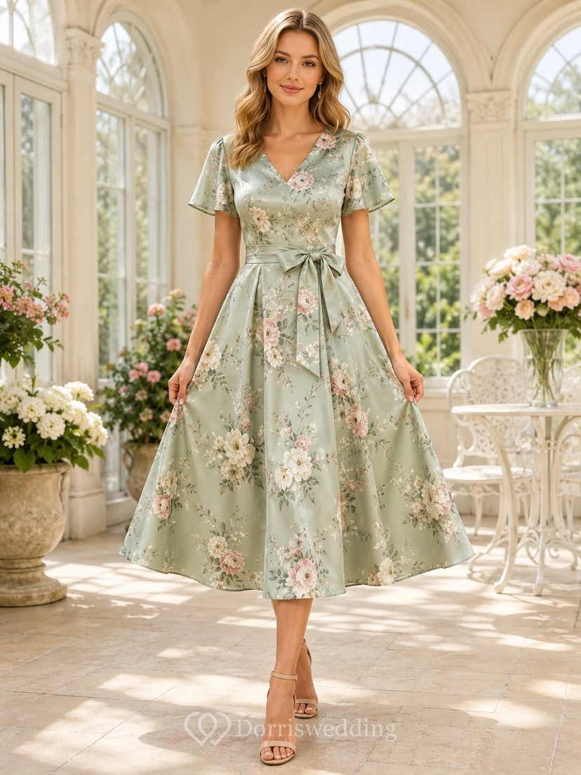 Robe bohème en mousseline de soie à imprimé floral sauge, col en V, manches courtes, longueur thé, coupe trapèze, col en V et manches courtes