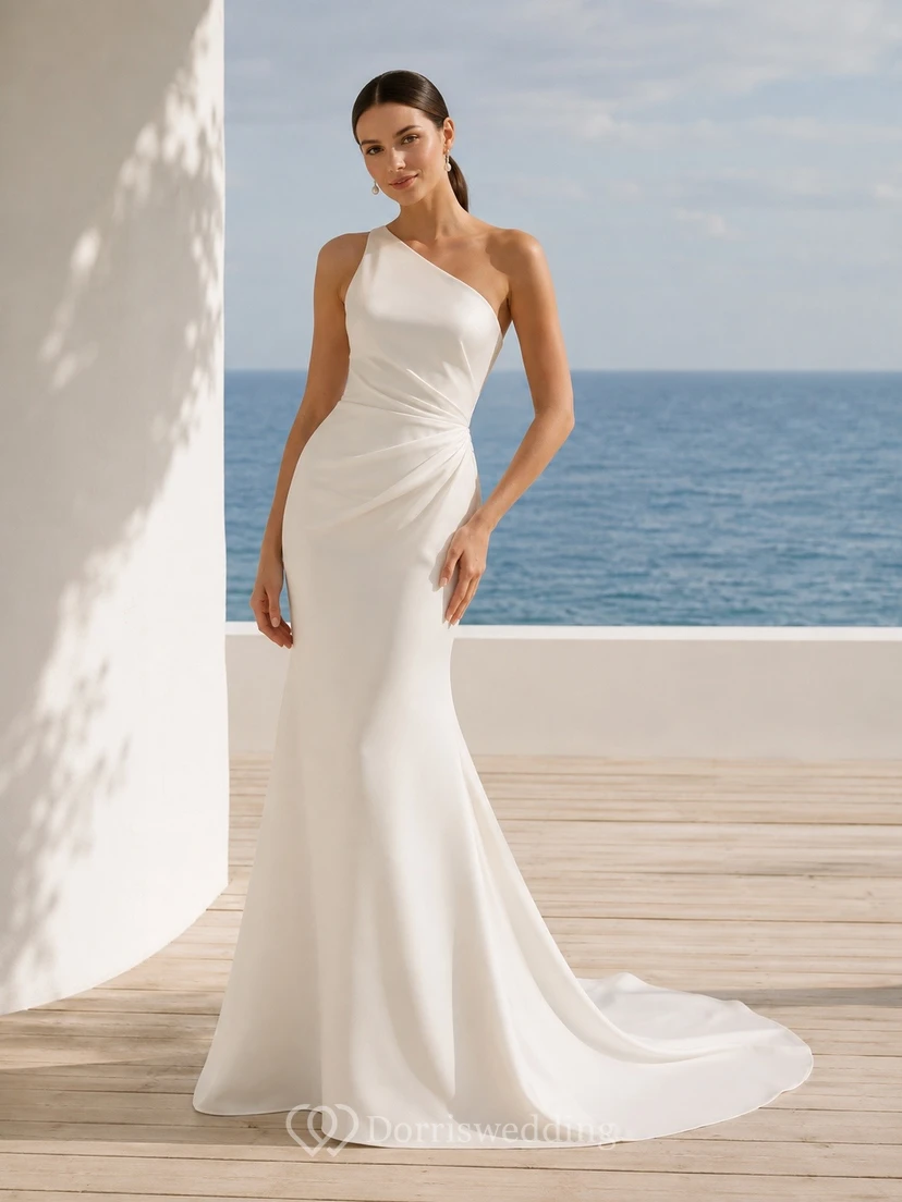 Vestido de novia sencillo y elegante de un solo hombro, estilo tubo.