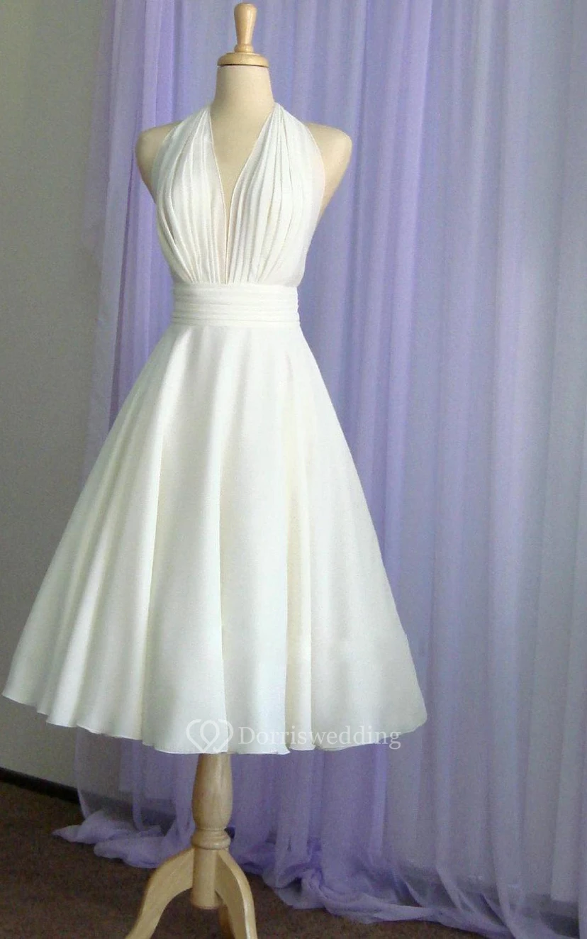 Marilyn Monroe White Halter Dress | Tea Length Costume | 1950s Vintage Wedding Gown view 3