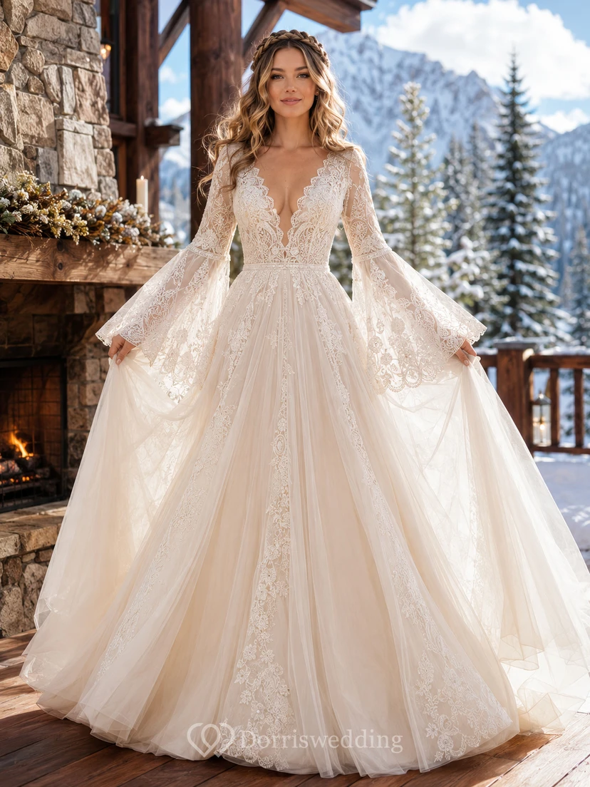Winter Boho V-Neck Bell Sleeve Ball Gown Wedding Dress