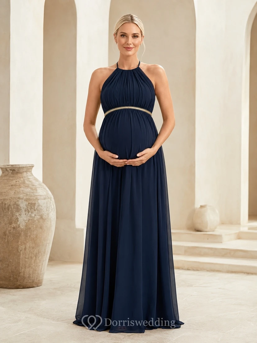 Elegant Maternity Navy Chiffon A-Line Floor-Length Halter Sleeveless Dress