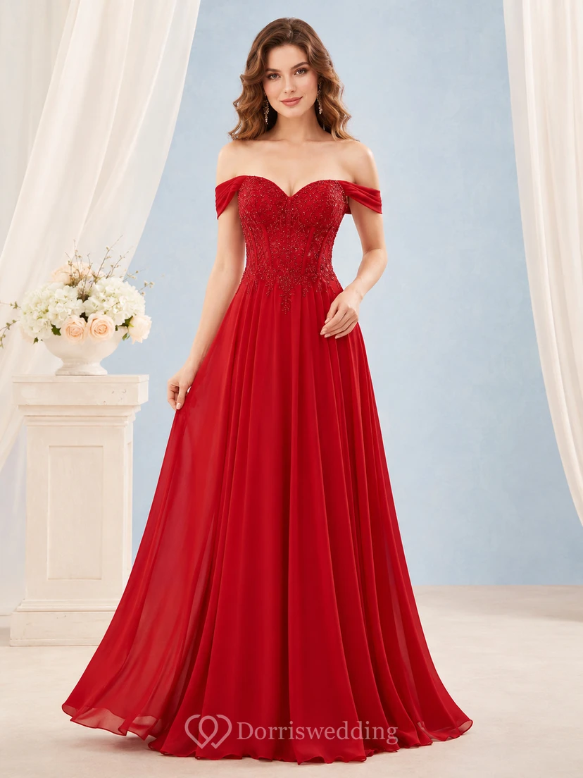 Elegante vestido de noche romántico de gasa con encaje, escote corazón y hombros descubiertos, corte en A y largo hasta el suelo, color rojo.