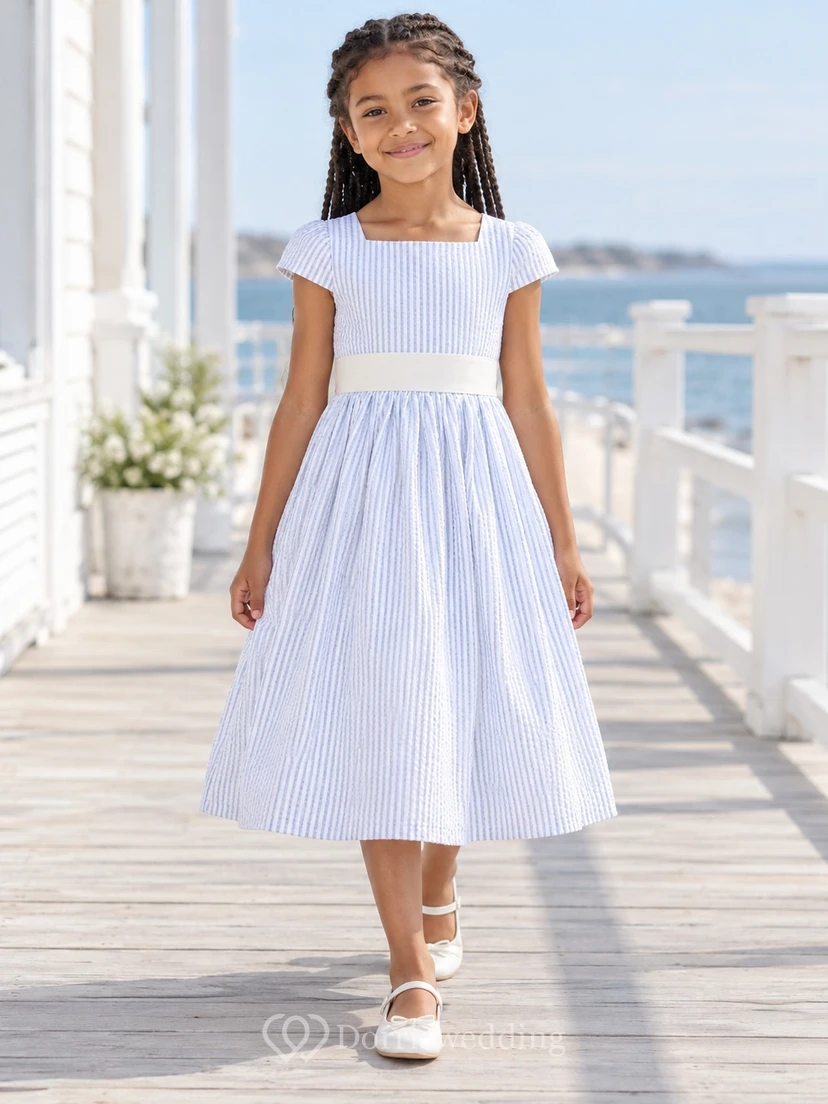 Modest Square Neck Blue White Striped Tea-length Cap Sleeve Broad Sash Flower Girl Dress