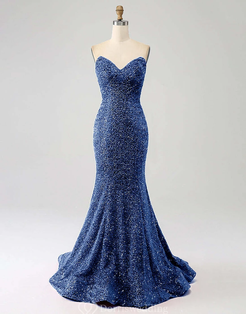 Vestido de sirena brillante con lentejuelas, abalorios y cola larga. view 15