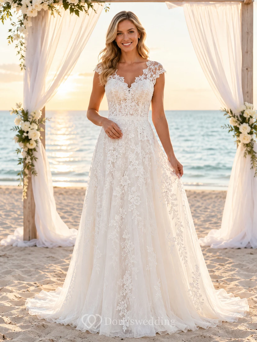 Romantic V neck lace vow renewal A-line wedding dress