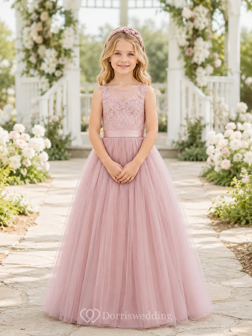 Bodenlanges Tüllkleid mit Spitzenoberteil, A-Linien-Schnitt, kurzen Ärmeln, Rundhalsausschnitt und bodenlangem Rock für Blumenmädchen.
