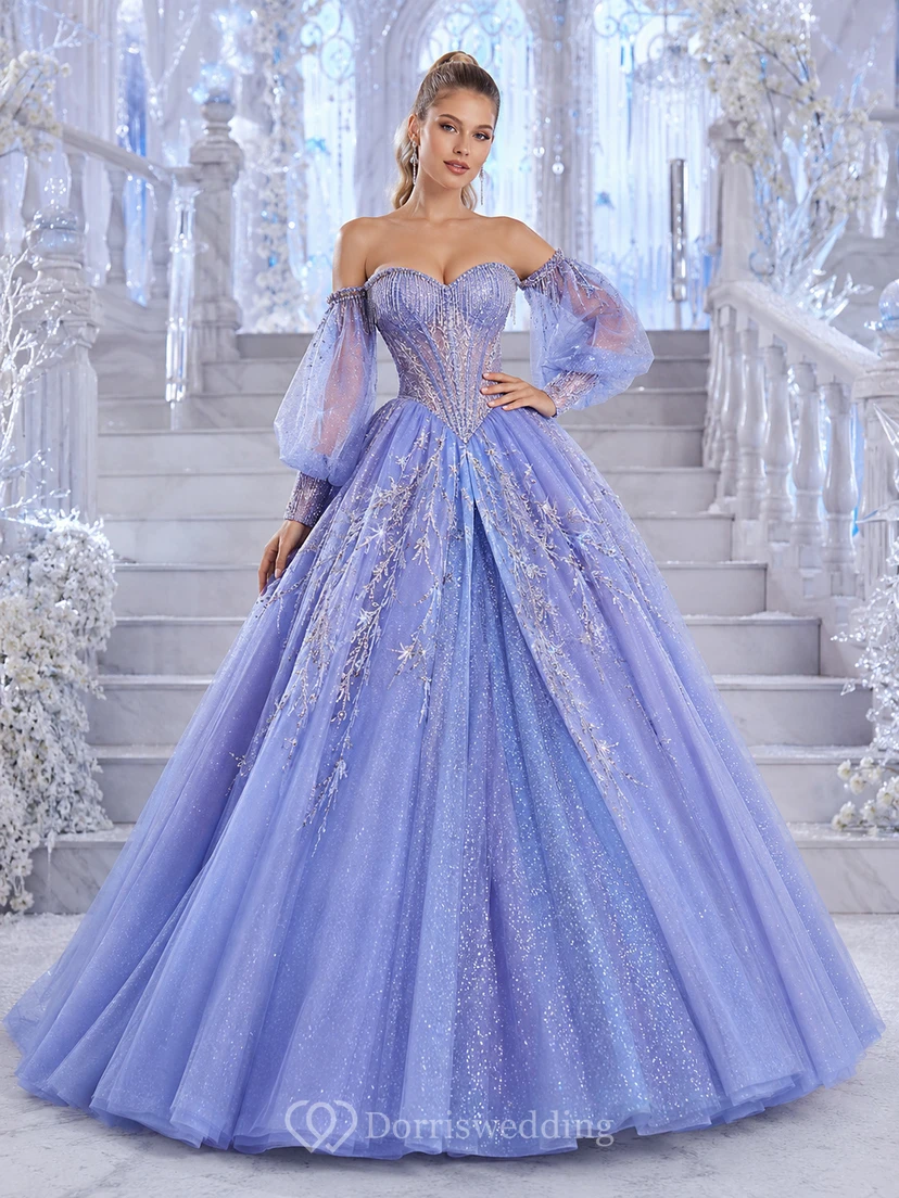 Vestido de baile de princesa de quinceañera Wisteria Luxury con hombros descubiertos y mangas abullonadas con purpurina de cristal.