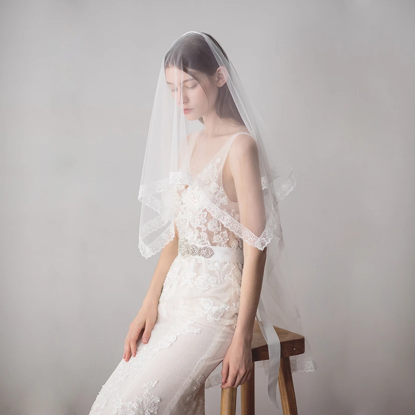 Simple Style Tulle Fingertip Veil with Lace Edge view 2