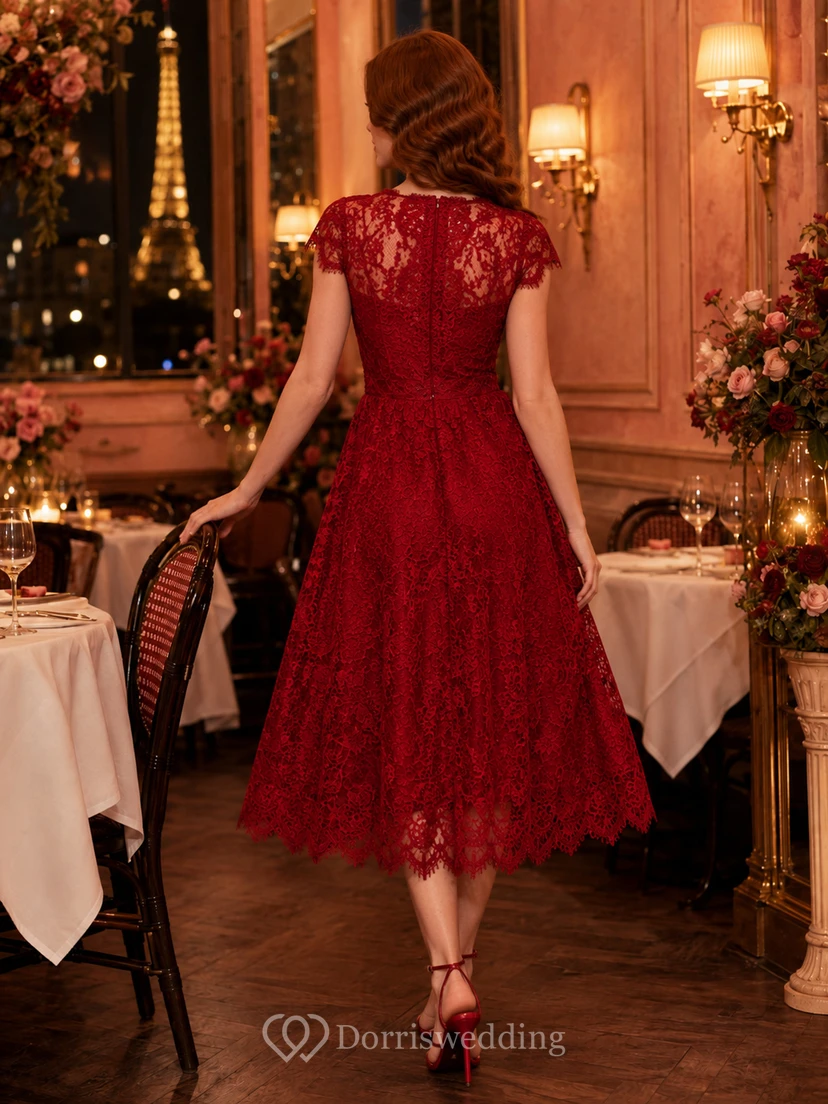 Red Lace Cap Sleeve Full Midi Valentine Dinner Dress view 2