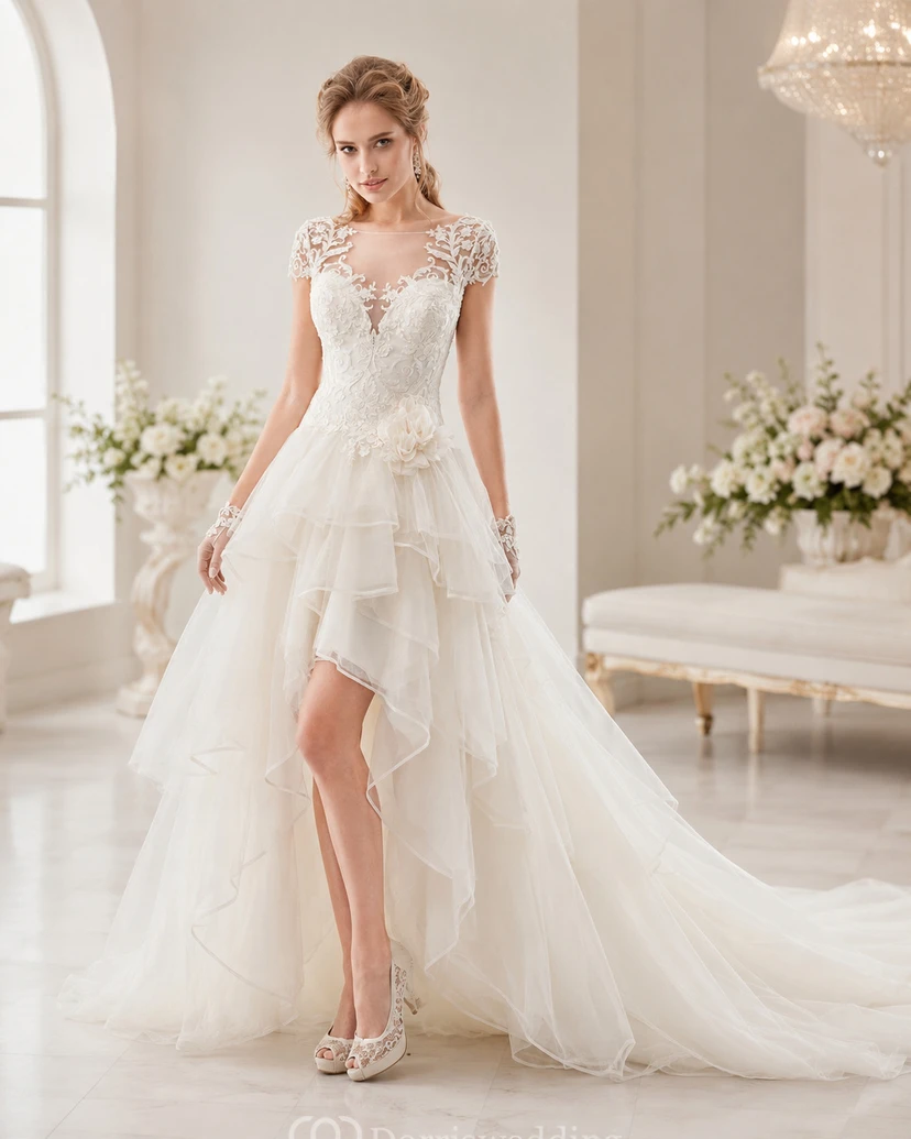 Brautkleid mit Illusion-Juwelenkragen, asymmetrischem Saum, Rüschen und T-Shirt-Ärmeln