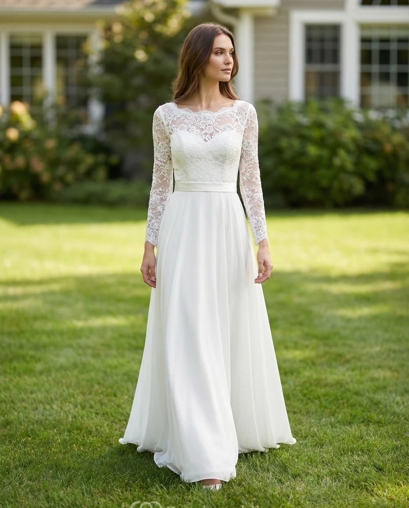 Robe de mariée modeste en dentelle et mousseline à col bateau