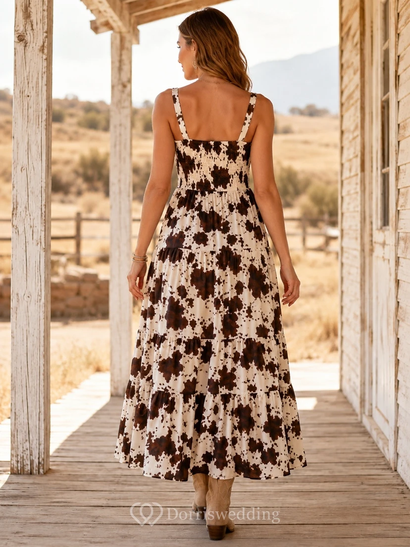Brown-White Cow-Print Spaghetti-Strap Sleeveless Chiffon A-Line Floor-Length Dress view 2